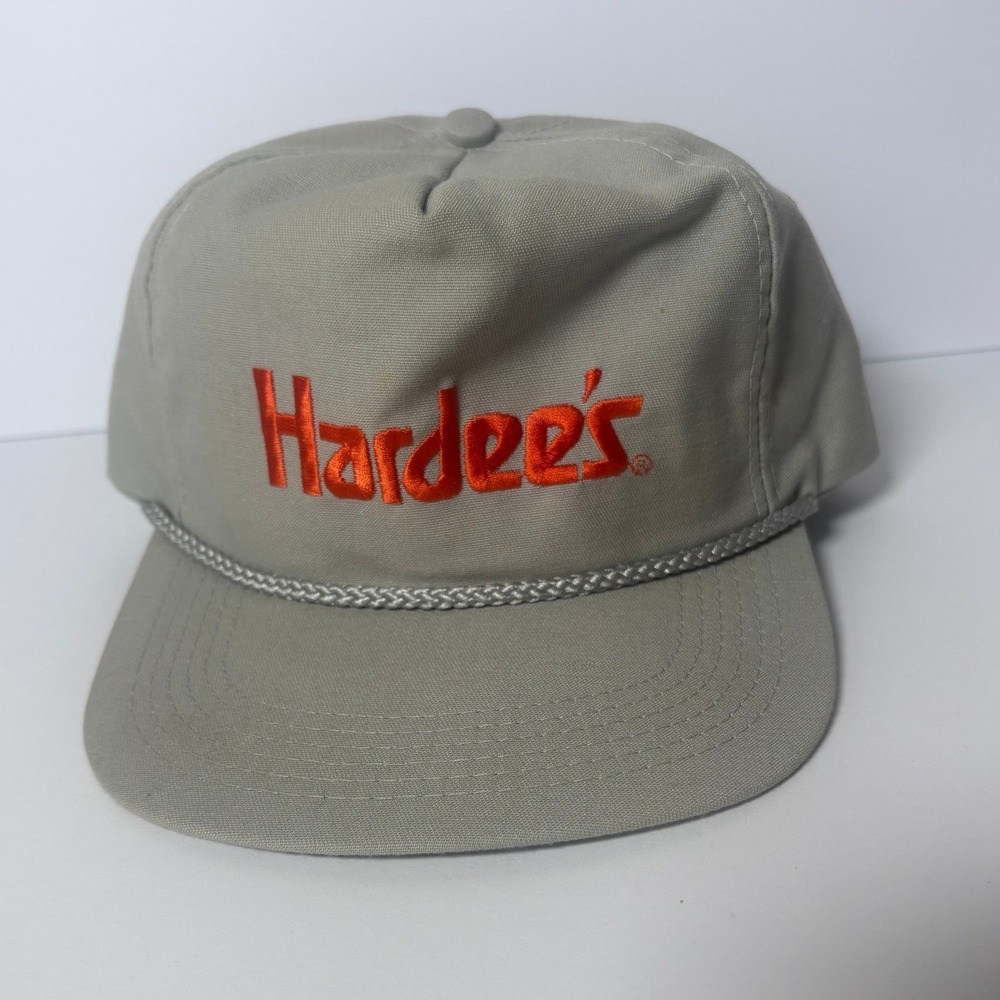 Vintage Hardees Snapback Hat Gray Orange Embroidered Logo Made in USA Rope Cap